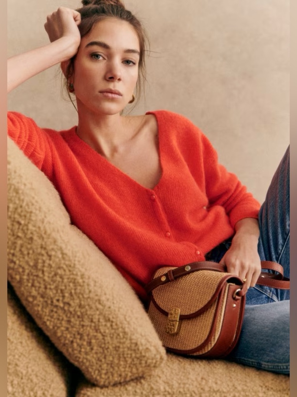 Sezane Barry Cardigan tomato red orange xxs Super kid mohair baby alpaca sweater